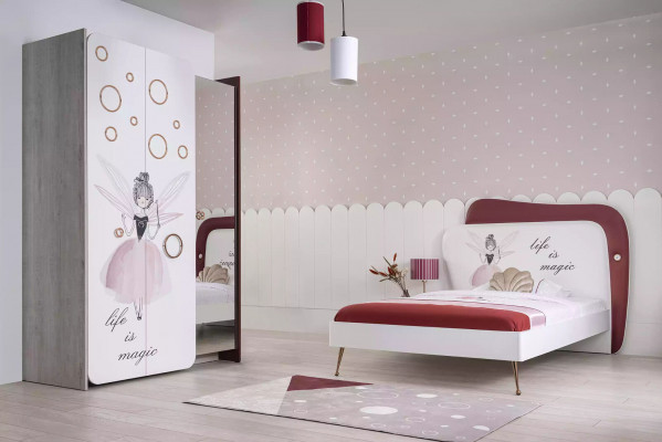 Wäiss Gro Kandenzëmmer Set Bett Nuetsdësch Kleederschaf Holz 3 Deeler