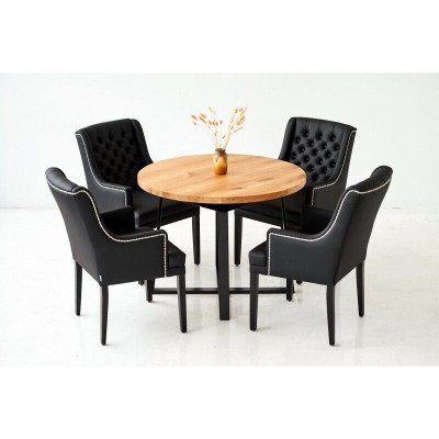 Modern Iesszëmmermiwwelen Edel Ronnen Holzdësch + x6 Chesterfield Liederstillen 7-delig Set