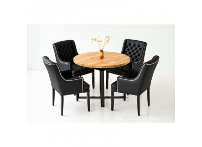 Modern Iesszëmmermiwwelen Edel Ronnen Holzdësch + x6 Chesterfield Liederstillen 7-delig Set