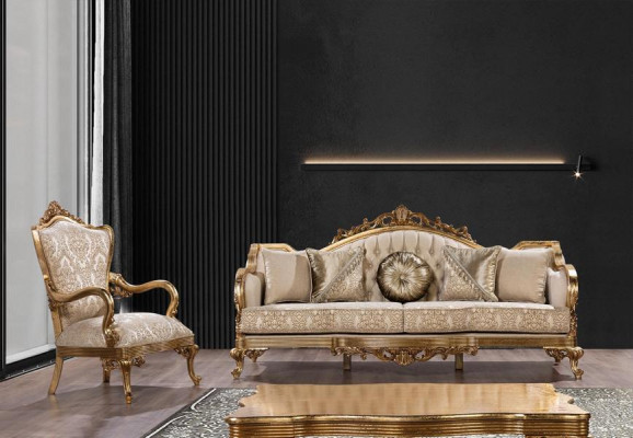 Gëllene Canapé Klassesch Sofa-Garnitur Gepolstert Miwwelen 3+1 Couchdësch Stoff