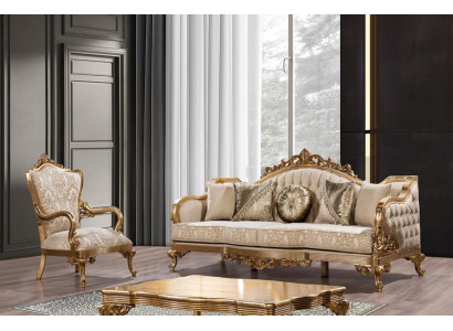 Gëllene Canapé Klassesch Sofa-Garnitur Gepolstert Miwwelen 3+1 Couchdësch Stoff