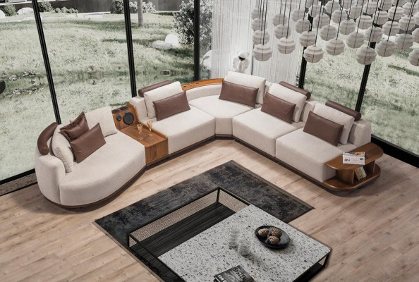 Beige Wunnzëmmer Ecksofa Exklusiv L-Form Couch Modern Holzgestell