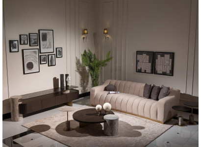 Luxus Komplett Wunnzëmmer Sofa Bäizëlltëscher 6 Deeler Stoff Beige Holz
