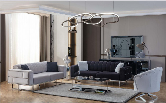 Grau Wunnzëmmer Canapé Designer Polster Dräisëtzer Textil Sëtz 3 Deeler