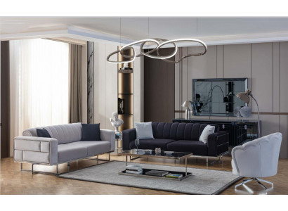 Grau Wunnzëmmer Canapé Designer Polster Dräisëtzer Textil Sëtz 3 Deeler