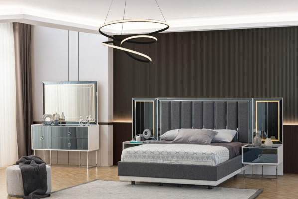 Modern grau-wäiss Schlofkummer Miwwel Holz Nuetstiesch Duebelbett 5-delig