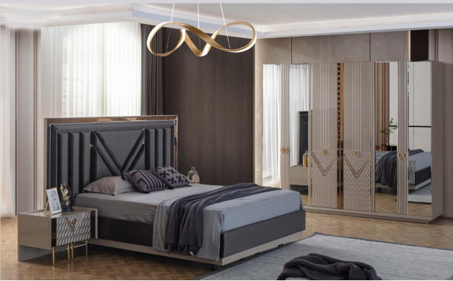 Grau Schlofkummer Miwwelen Duebelbett Kleederschaf Nuetsdëscher 4 Deeler Set