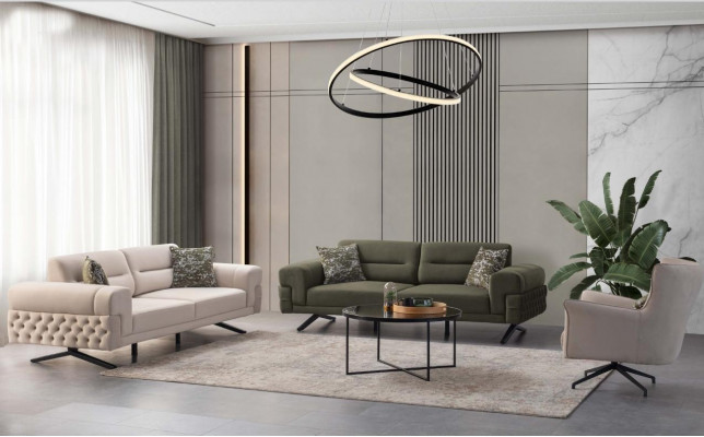Däischtergréng Wunnzëmmer Exklusiv Couch-Garnitur 2x 3-Sëtz Een-Sëtz Sofa