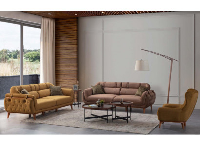 Chesterfield Faarw Garnitur Wunnzëmmer Sofasen 2x Dräisëtzer Fotell Miwwelen