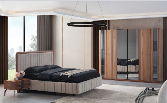 Exklusivt Schlofzëmmer Set Bett 2x Nuetsschränkchen an Kleederschaf 4 Deeler.