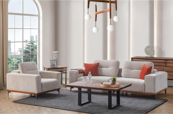 Wäiss Polster Sofagarnitur Dräi-Sëtzer Sessel Dësch fir Kaffi kleng Dëscher