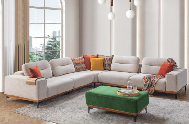 Designer Wunnzëmmer Set besteet aus 2 Deeler: Eckcanapé L-Form an Hocker.