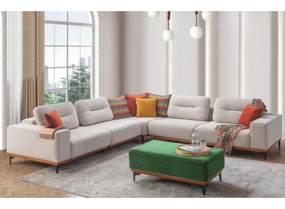 Designer Wunnzëmmer Set besteet aus 2 Deeler: Eckcanapé L-Form an Hocker.