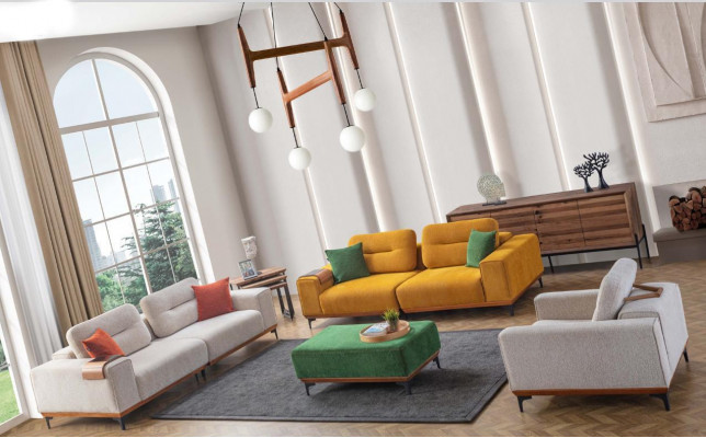 Grousst Wunnzëmmer Set 3 Textil Sofas Polsterhocker 3x Bäistelltiesch