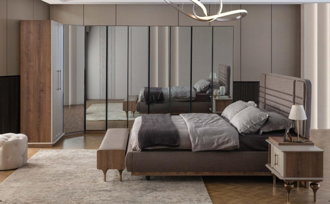 Designer Schlofzëmmer Set Duebelbett 2x Nuetsdëscher Wénkelskaf 4téileg
