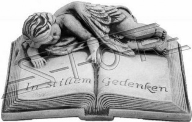 Grab Text An engem rouege Gedenken Steendekoratioun Figur Statue Buch