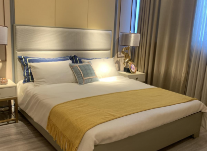 Bett Duebelbett Better Miwwelen Ariichtung Schlofkummer Design Stoff Textil nei