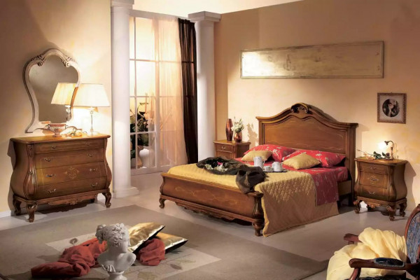 Brongen Schlofzëmmer Set Bett 2x Nuetsdëscher Kommode Spigel Klassesch