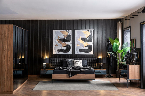 Schlofkummer Set Miwwelen Komplett Set Schwaarzt Bett Schafstëll Nuetsdëscher 8 Stéck