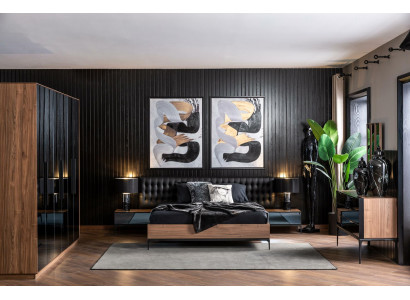 Schlofkummer Set Miwwelen Komplett Set Schwaarzt Bett Schafstëll Nuetsdëscher 8 Stéck