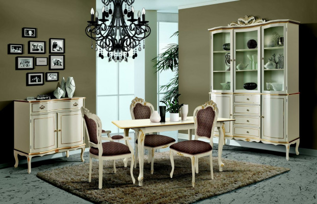 Luxus Iesszëmmer Set Garnitur 6tlg Wäiss Holz Miwwelen Kommode 3x Stull Dësch