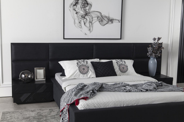 Polsterbett Schwaarz Textil fir Schlofzëmmer Luxus Modern Stil Nei