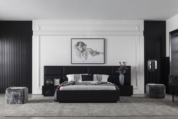 Schwaarzt Schlofzëmmer Set Bett Miwwelen Nuetsdësch 3tlg. Liederbett Better