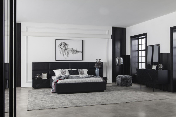 Schwaarzt Schlofzëmmer Set Bett Miwwelen Nuetsdësch 3tlg. Liederbett Better