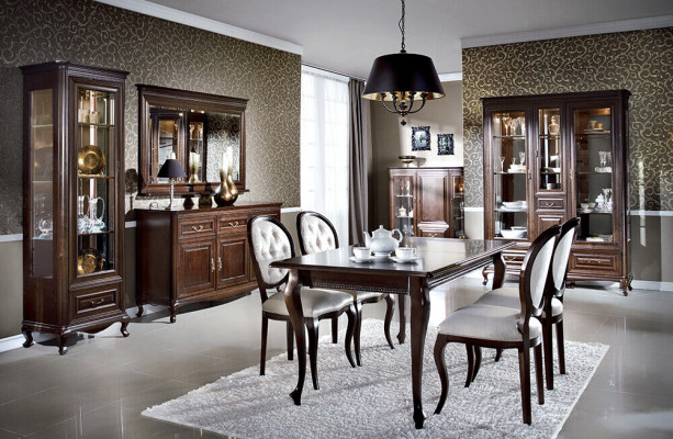 Dunkelbrongen Holziessdësch Klassesch Lieder Chesterfield Still Designer 5-Deeler Set