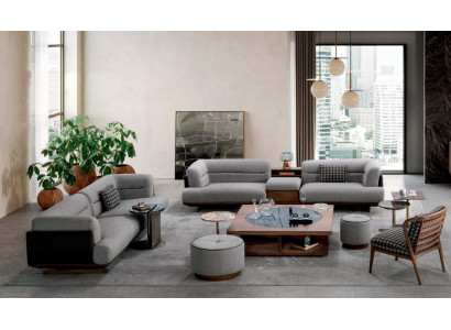 Luxus Wunnzëmmer Set Grey Canapé mat Sëtz 2x Hocker Modernen Design
