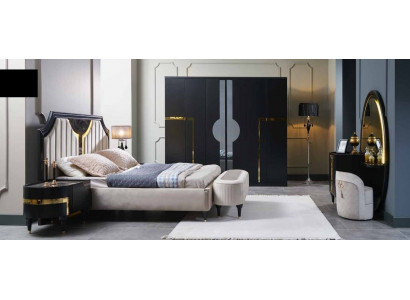 Schlofzëmmer Bett Nuetsdësch Kleederschaf Kommode Spigel Hocker Schwaarz 7-Deeler