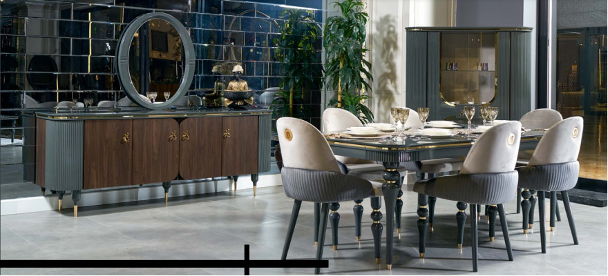 Iesszëmmer Set Garnitur Vitrin Dësch 6x Stull Kommode Spigel Modern Nei 10tlg.