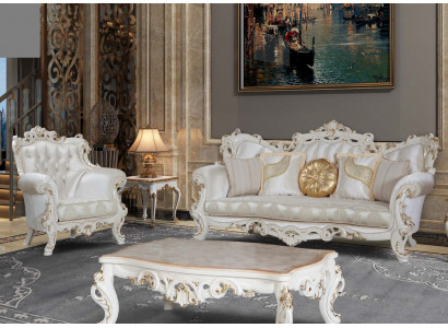 Chesterfield Sofa Polster Garnitur 3+1 Sëtz Wäiss Textil Dräisëtzer Dësch.