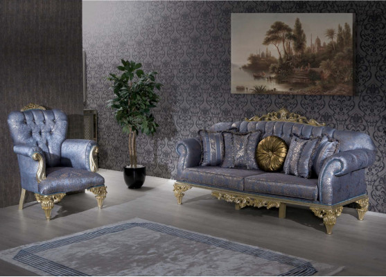 Sofa 3 Sëtzer Textil Sessil Couch Polster Miwwelen 3+1 Dräi-Sëtzer Blo