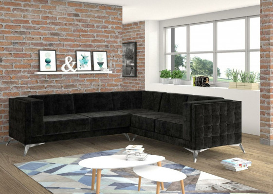 Schwaarze Samt Design Eckcouch Chesterfield Sofa Couch Wunnlandschaft Stoff Sëtz