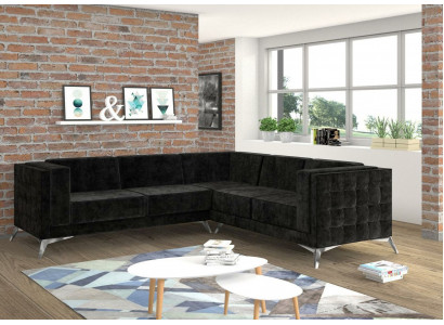 Schwaarze Samt Design Eckcouch Chesterfield Sofa Couch Wunnlandschaft Stoff Sëtz