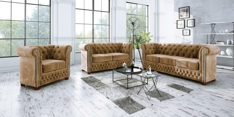 Chestgerfield Sofa Garnitur Canapé Polster Set 321 Sëtzer Garnituren Canapéen
