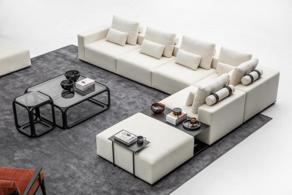 Moderne wäiss Sofagarnitur Ecksofa Wunnlandschaft Still 4-tëlleg Stoff Sofa
