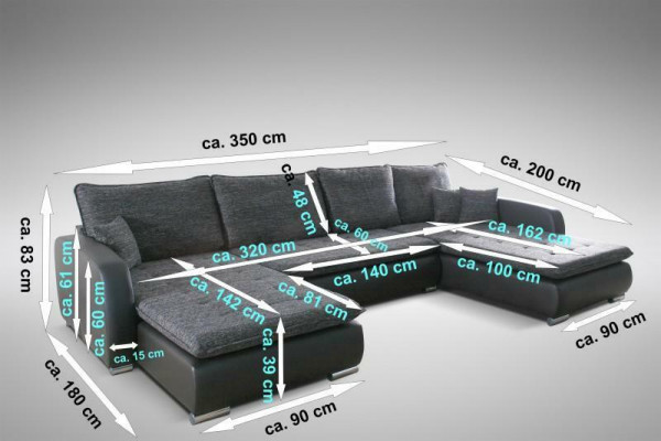 Design Ecksofa U-Form Bettfunktioun Couch Lieder Textil Sofa Neit Wunnlandschaft