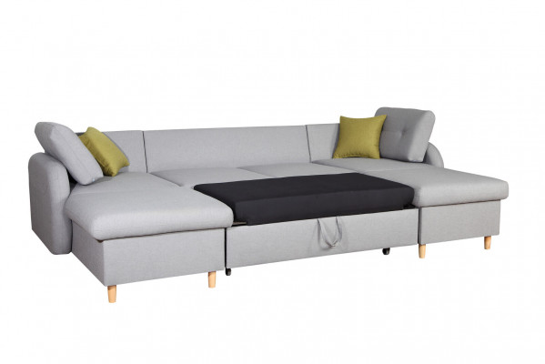 Wunnlandschaft Ecksofa Stoff U-Form Bettfunktioun Couch Design Dekor Këssen