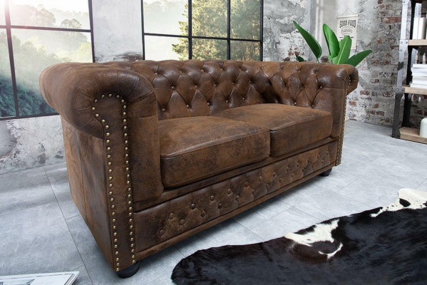 Chesterfield Textil Canapé Polsterung 2 Sëtzer Stoff Canapéen Canapé'en Brownen Zweisëtzer