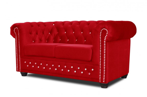 Chesterfield Textil Couch Polster 2-Sëtzer Stoff Sofa Couchen rout Zweesëtzer