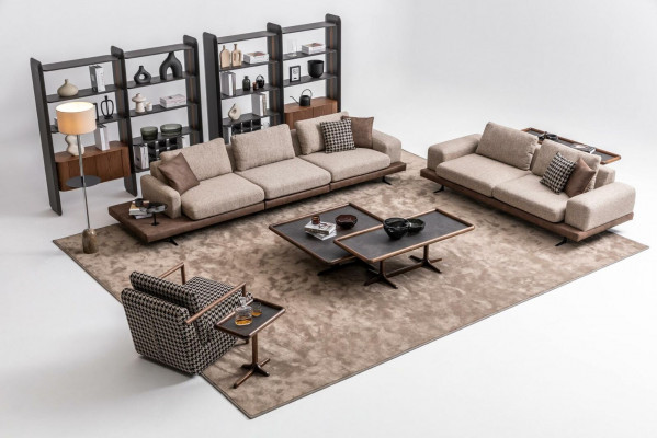 Brong Textil Sofa Set Wunnzëmmer Couch Drësëtzer Luxus Holzméiwel