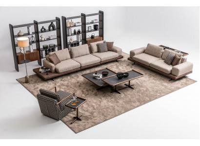 Brong Textil Sofa Set Wunnzëmmer Couch Drësëtzer Luxus Holzméiwel