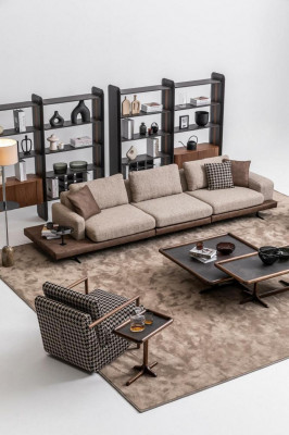 Brong Textil Sofa Set Wunnzëmmer Couch Drësëtzer Luxus Holzméiwel
