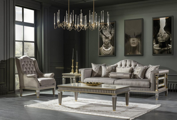 Moderne Chesterfield Luxus Miwwelen – 3-Stéck Set mat Fauteuil an Niewendësch
