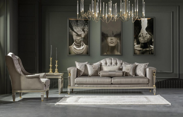 Moderne Chesterfield Luxus Miwwelen – 3-Stéck Set mat Fauteuil an Niewendësch