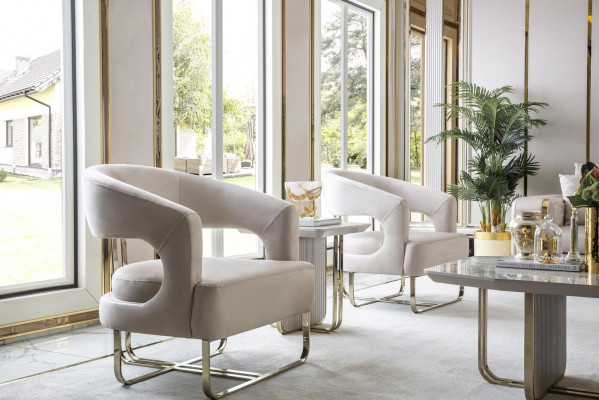 Wunnzëmmer Set Beige 2x Sesselen Wäiss Bäizëlltësch Elegante Miwwelen Neien