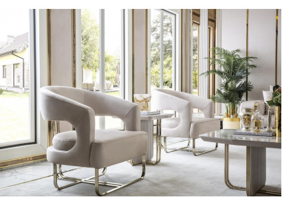 Wunnzëmmer Set Beige 2x Sesselen Wäiss Bäizëlltësch Elegante Miwwelen Neien