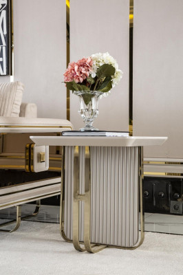 Wunnzëmmer Set Beige 2x Sesselen Wäiss Bäizëlltësch Elegante Miwwelen Neien